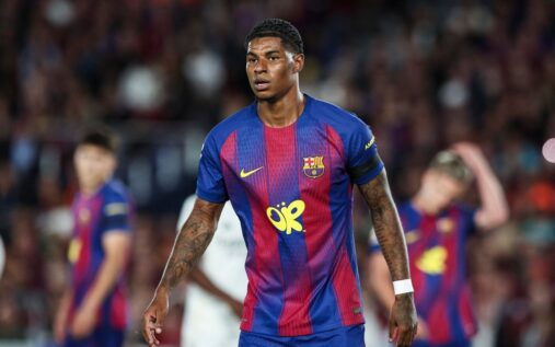Robert Lewandowski and Marcus Rashford playing together for Barcelona