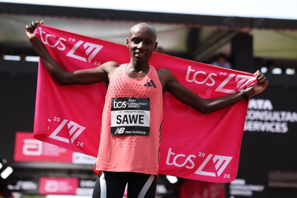 Kenyan runner Sabastian Sawe competing in a marathon race