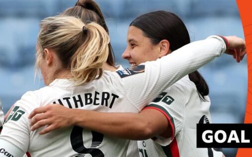 Sam Kerr celebrating after scoring a header for Chelsea Women against Leicester City in the Women's Super League