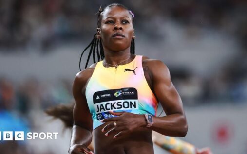 Shericka Jackson sprinting to victory in the women's 200m at the Xiamen Diamond League