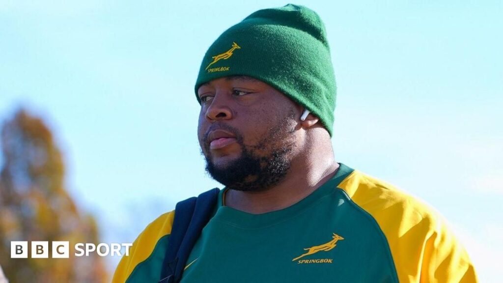 South Africa rugby prop Asenathi Ntlabakanye looking focused during a match