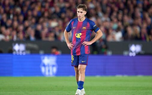 Spain and Barcelona midfielder Fermin Lopez looking dejected on the football pitch