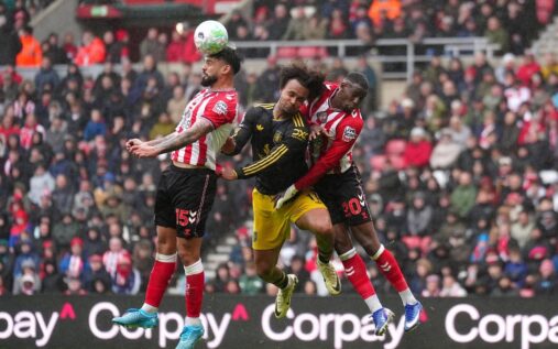Manchester United and Sunderland players contesting possession during their Premier League match at the Stadium of Light