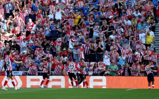 Sunderland players celebrate securing Europa League qualification after defeating Chelsea in the Premier League
