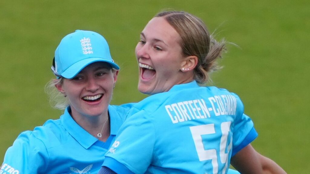 Tilly Corteen-Coleman bowling for England during her One Day International debut