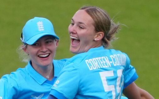 Tilly Corteen-Coleman bowling for England during her One Day International debut