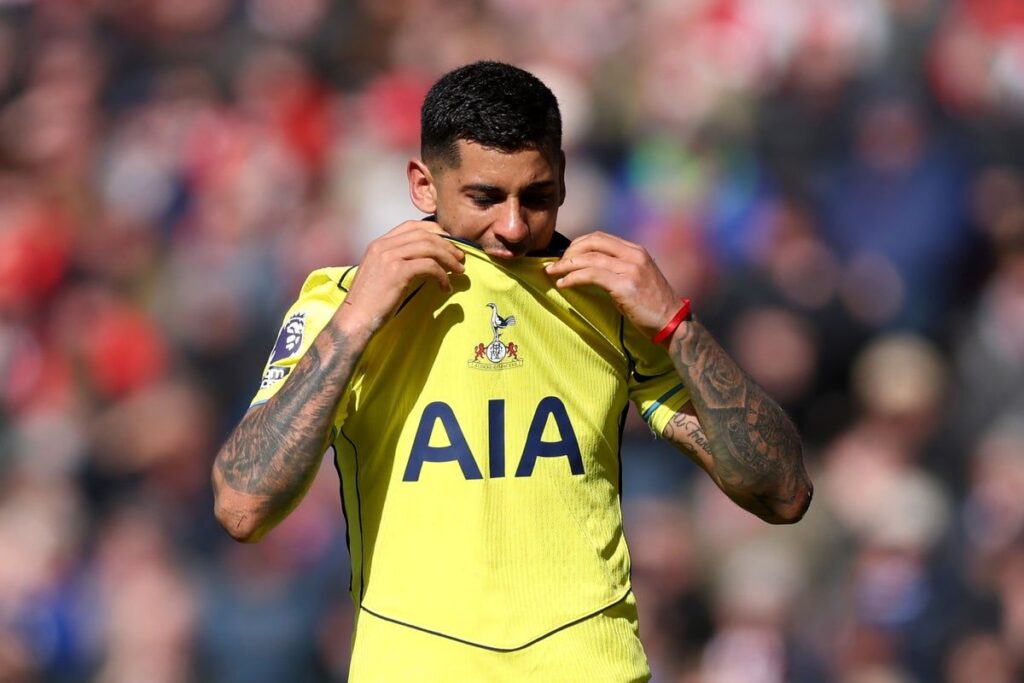 Tottenham Hotspur captain Cristian Romero looking disappointed during a Premier League match