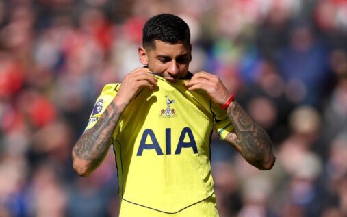 Tottenham Hotspur captain Cristian Romero looking disappointed during a Premier League match