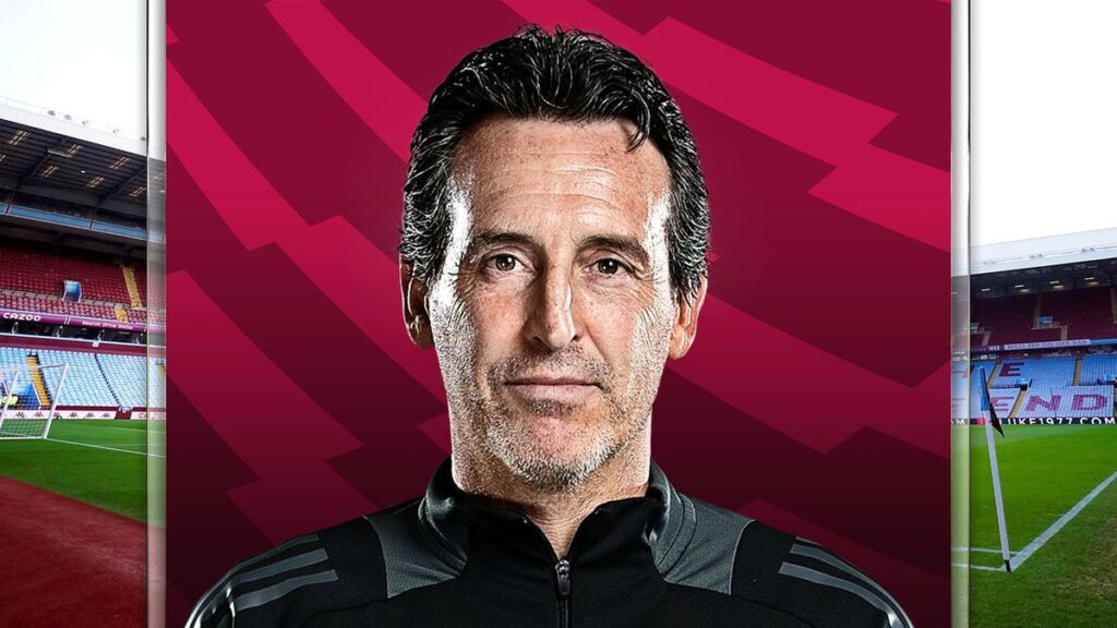 Aston Villa manager Unai Emery gesturing on the touchline during a Premier League match