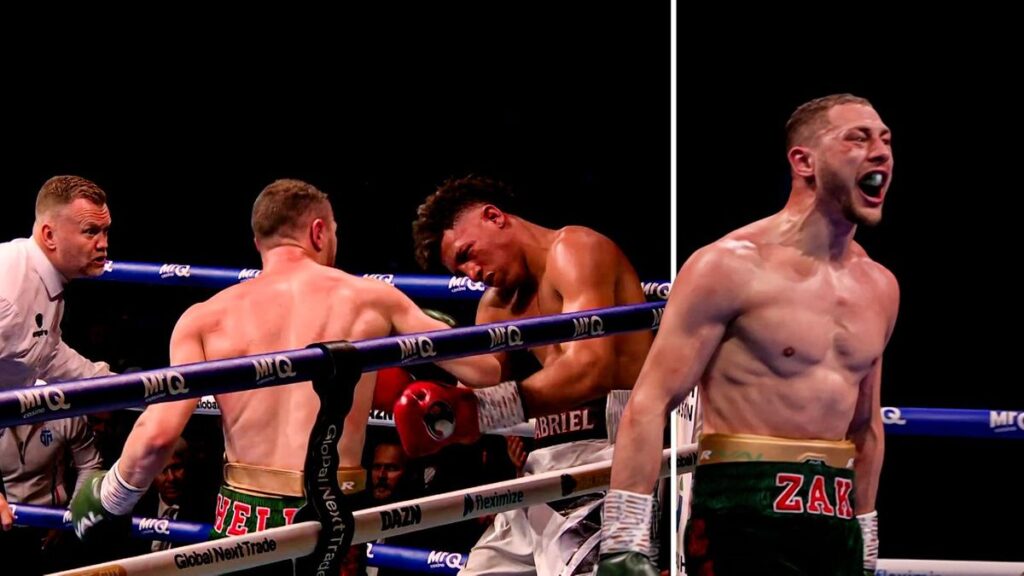 Zak Chelli celebrating his dramatic knockout victory over David Morrell in the boxing ring