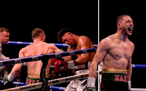 Zak Chelli celebrating his dramatic knockout victory over David Morrell in the boxing ring