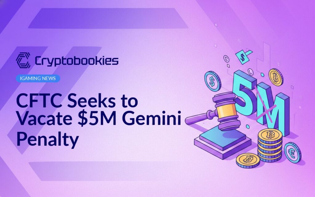 CFTC logo next to a digital Gemini cryptocurrency wallet icon with a $5 million penalty tag overlay on a blue background
