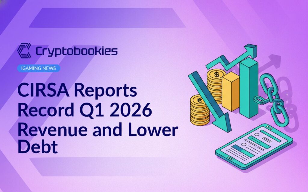 CIRSA corporate logo with rising bar chart and downward arrow over stacked coins against a blue background