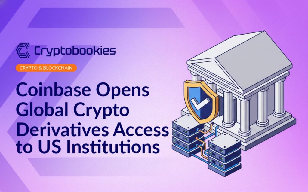 Classical bank building with columns, shield bearing a checkmark, and stacked servers with glowing cables in front.