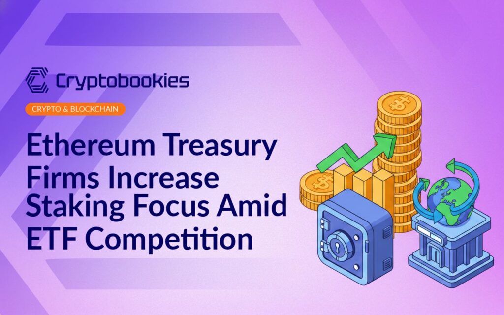 Stacked gold coins with upward chart, secure vault building with digital lock, exchange building with arrows indicating movement