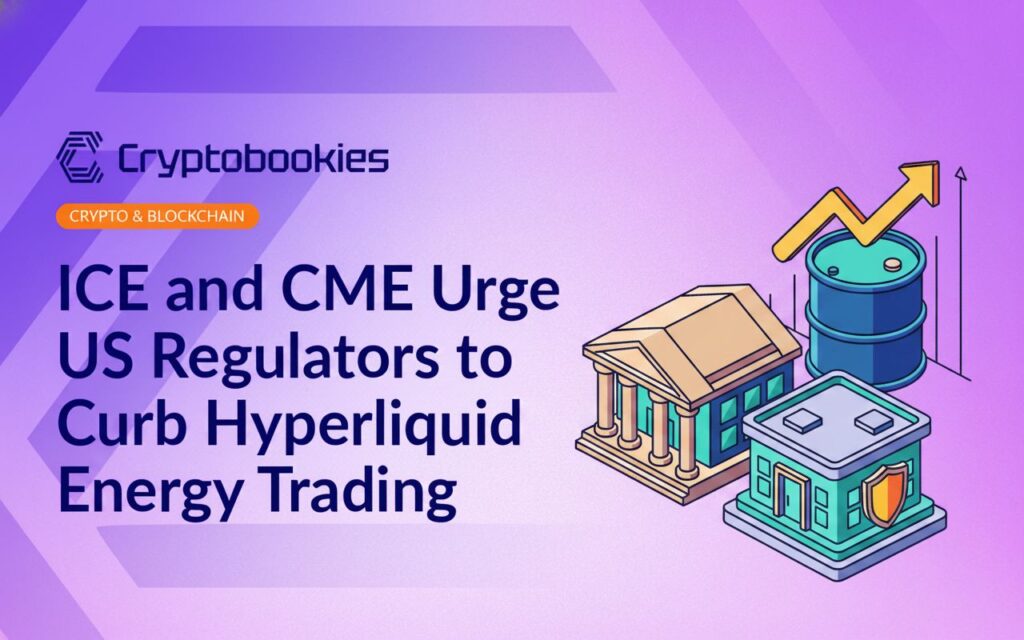 Stock exchange building beside a regulatory building with shield icon, oil barrel in front of a rising line chart background