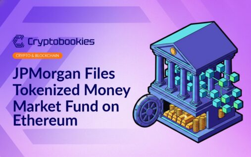 Classical bank building beside a network of interconnected blockchain cubes and an open vault filled with gold coins.