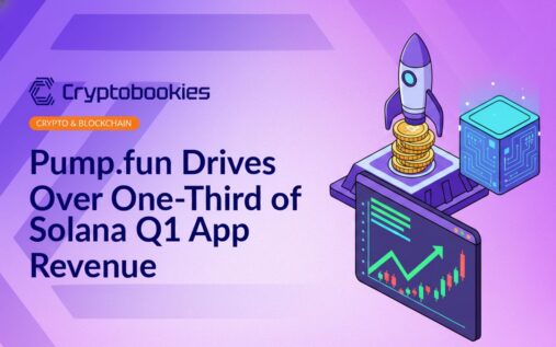 Rocket launchpad with stacked coins, network server cube, and trading screen displaying a rising chart on blue background