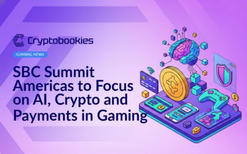 Conference stage with speakers and large screens displaying AI, cryptocurrency symbols, and payment icons in a gaming event setting