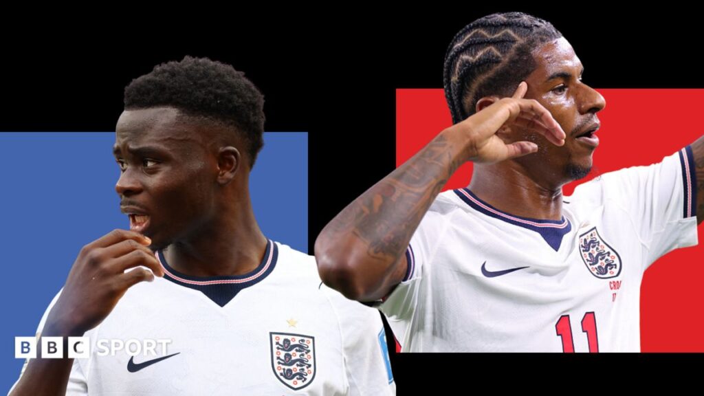 Bukayo Saka and Marcus Rashford looking focused during an England training session