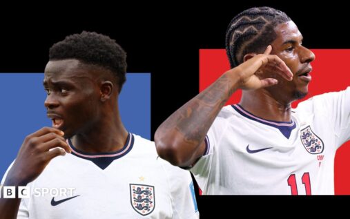 Bukayo Saka and Marcus Rashford looking focused during an England training session