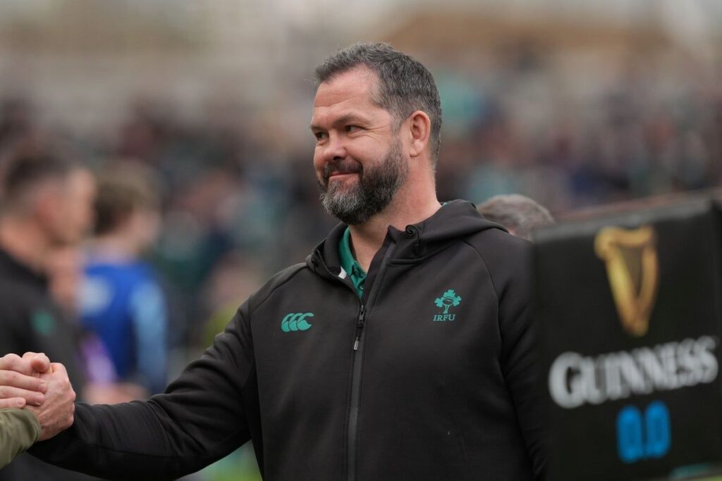 Ireland head coach Andy Farrell looking focused on the touchline during an international rugby match