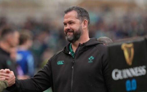 Ireland head coach Andy Farrell looking focused on the touchline during an international rugby match