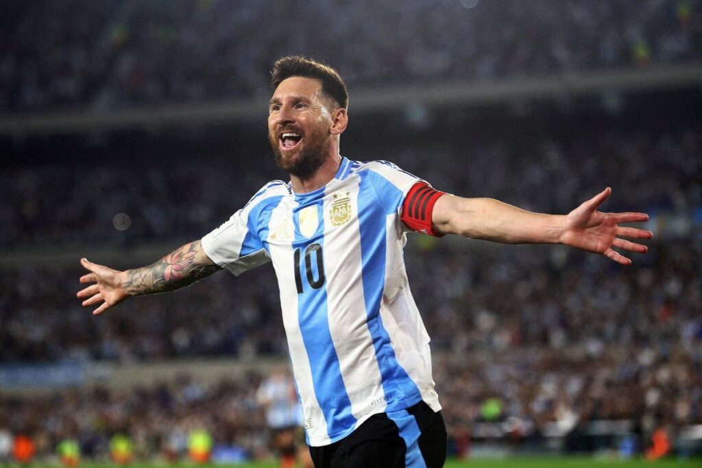 Lionel Messi wearing the Argentina national team kit on the pitch
