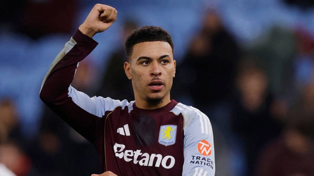 Aston Villa forward Morgan Rogers dribbling the ball during a match