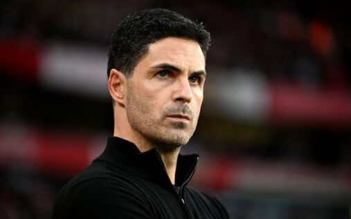 Arsenal manager Mikel Arteta looking concerned on the touchline alongside midfielder Declan Rice