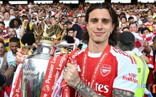 Riccardo Calafiori playing for Arsenal in the Premier League