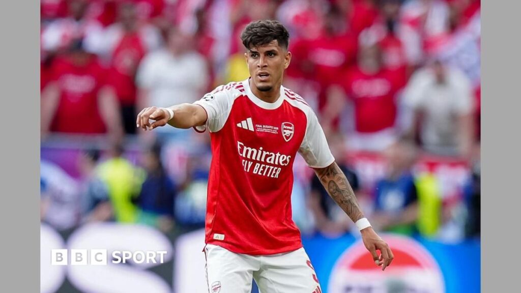 Piero Hincapie playing in defence for Arsenal during a Premier League match