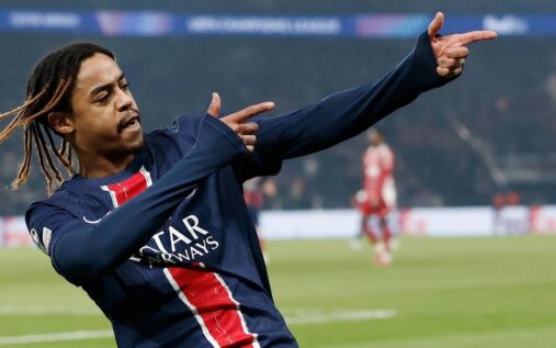Bradley Barcola playing for Paris St-Germain in a Champions League match
