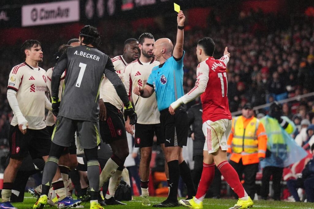 Gabriel Martinelli of Arsenal looking apologetic during a Premier League match