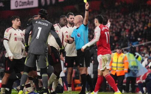 Gabriel Martinelli of Arsenal looking apologetic during a Premier League match