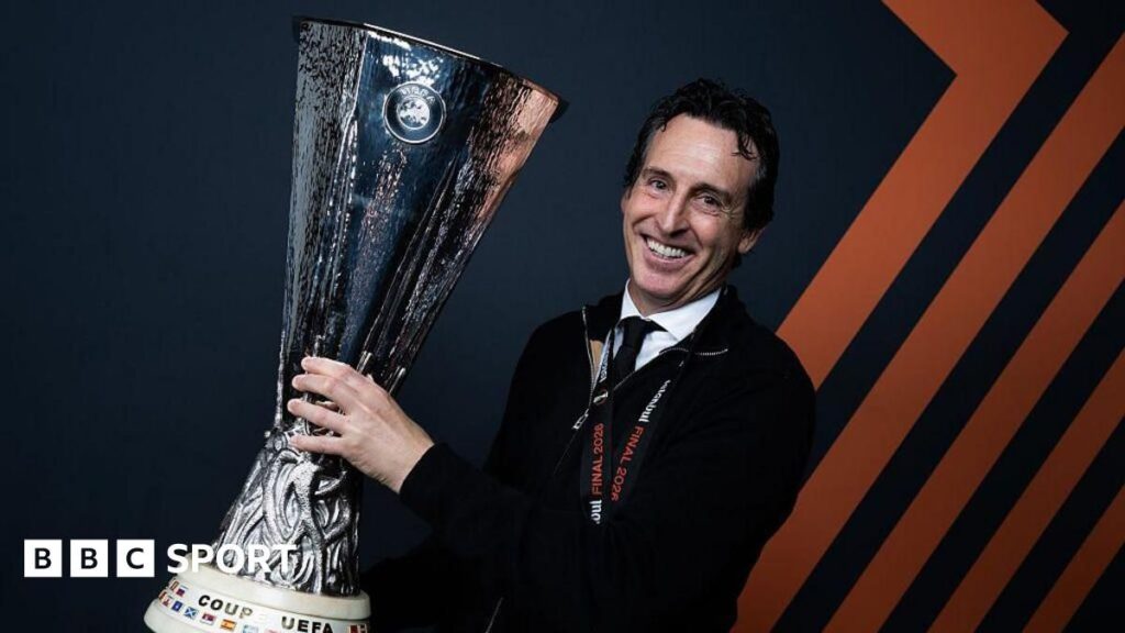 Aston Villa manager Unai Emery celebrating on the touchline during a Premier League match