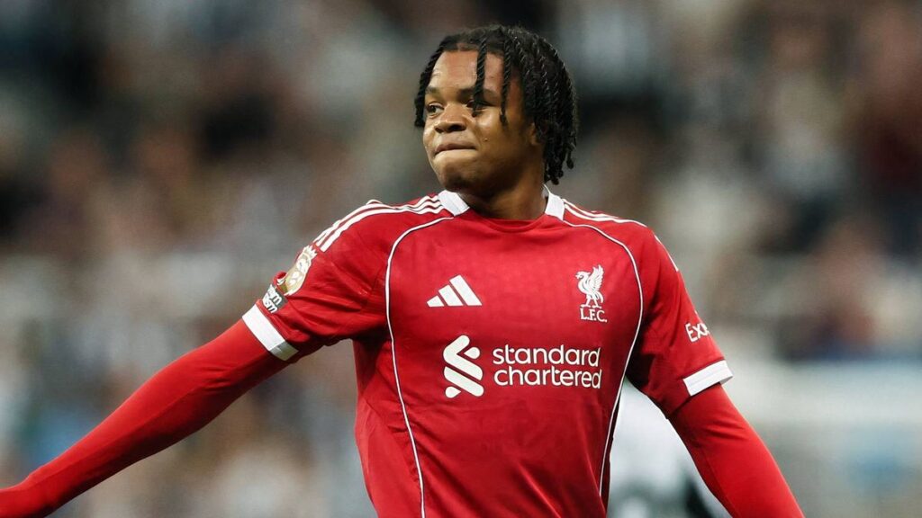Liverpool winger Rio Ngumoha on the pitch during a match