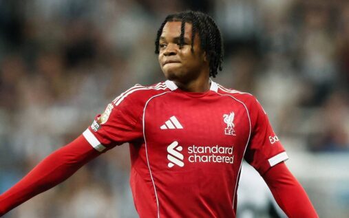 Liverpool winger Rio Ngumoha on the pitch during a match