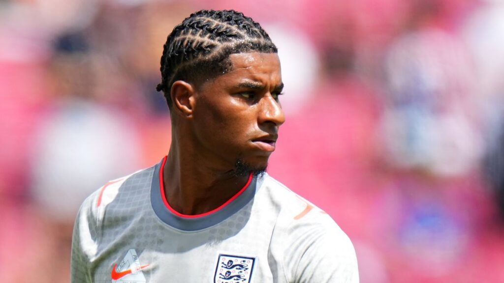Marcus Rashford playing for Manchester United during a competitive football match