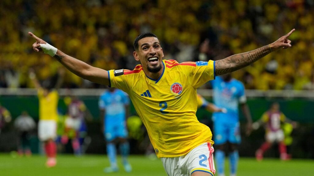 Daniel Munoz celebrates scoring for Colombia against DR Congo at the 2026 World Cup