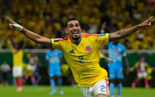 Daniel Munoz celebrates scoring for Colombia against DR Congo at the 2026 World Cup