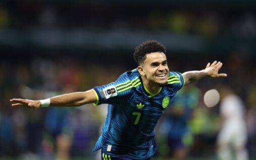 Colombia football players celebrating a goal during their 3-1 World Cup victory over Uzbekistan at the Azteca Stadium