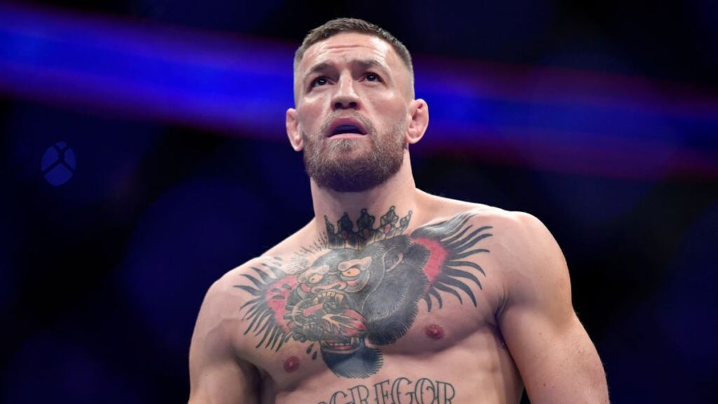 Conor McGregor looking focused and aggressive during a UFC press conference ahead of his return