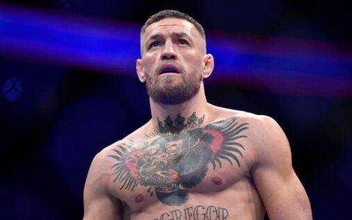 Conor McGregor looking focused and aggressive during a UFC press conference ahead of his return