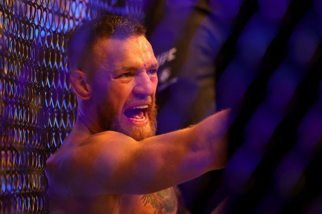 Conor McGregor speaking intensely during a virtual UFC interview