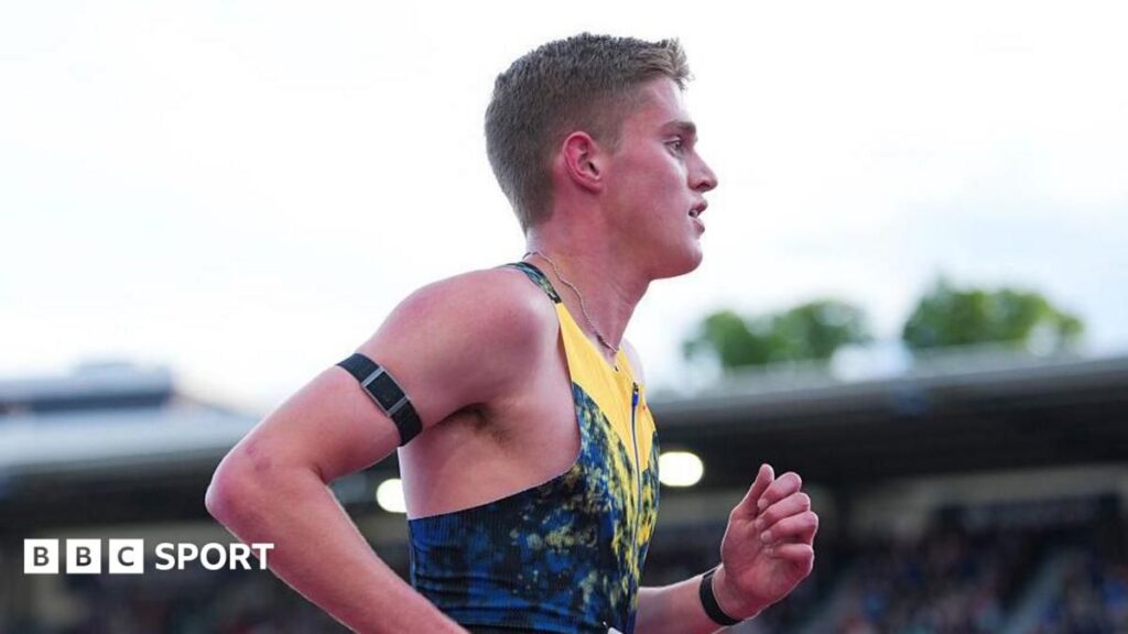 Cooper Lutkenhaus crossing the finish line ahead of Emmanuel Wanyonyi in the men's 800m at the Oslo Diamond League