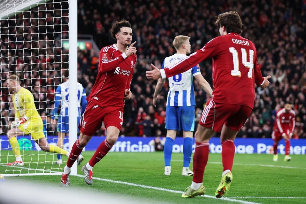 Liverpool midfielder Curtis Jones and goalkeeper Alisson Becker during a Premier League match