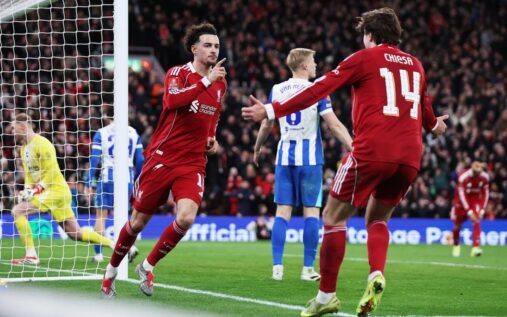 Liverpool midfielder Curtis Jones and goalkeeper Alisson Becker during a Premier League match