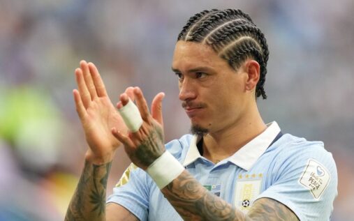 Darwin Nunez looking disappointed while playing for the Uruguay national team