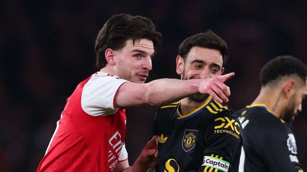 Split image showing Declan Rice playing for Arsenal and Bruno Fernandes playing for Manchester United